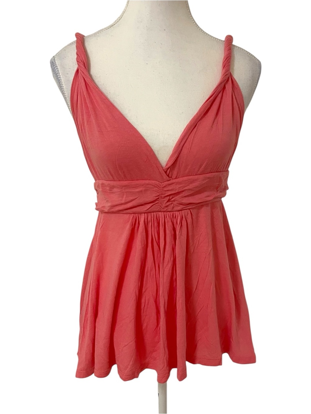 Amara Paris Twist-Strap Coral V-Neck Camisole with Ruched Empire Band XS